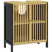 HOMCOM Under Sink Bathroom Cabinet, Bamboo Sink Storage Cabinet, Bathroom Vanity Unit w/ 2 Slat Doors, Adjustable Shelf & U-Shape Slot Aosom UK