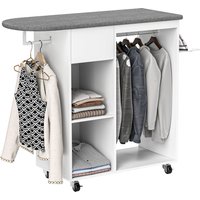 HOMCOM Armoire à repasser en bois table à repasser avec roulettes barre de suspension étagère 1