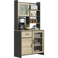 HOMCOM Armoire de cuisine buffet haut avec 1 tiroir 3 placards étagères 2 portes vitrées 90 x 39 x 177 cm noir naturel