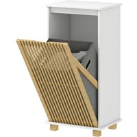 HOMCOM Meuble salle de bain avec panier à linge, porte à lattes en bambou et sac amovible, blanc et effet bois naturel