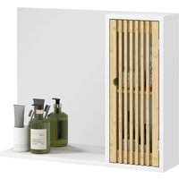 HOMCOM Armoire de salle de bain avec miroir, étagère, porte à lattes en bambou et étagère réglable, blanc