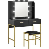 HOMCOM Dressing Table with Lighted Mirror, Cushioned Stool, Drawers, Shelves, Makeup Vanity Desk Set, Modern Dresser Vanity Table Black Aosom UK