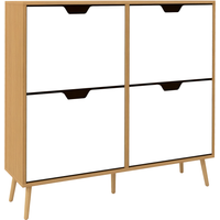 HOMCOM Meuble à chaussures 4 abattants 16 paires avec étagère réglable pieds en bois massif 95 x 26 x 95 cm naturel