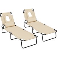 Outdoor Foldable Sun Lounger Set 2 4 Level Adjustable Backrest Reclining Sun Lounger Chair Pillow Reading Hole Aosom UK