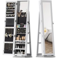 HOMCOM Schmuckschrank 3-in-1, 360° drehbarer Schmuckschrank mit Schlüsselverschluss, Ganzkörperspiegel mit 3 Rückenregalen und 2 Schubladen, 55x55x161 cm, Weiß Aosom