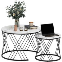 HOMCOM Ensemble de 2 tables basses avec effet marbre, panneau de particules, métal, tables basses rondes pour salon, gigogne, blanc