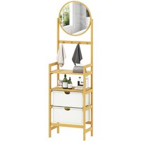 HOMCOM Étagère de Salle de Bambou avec Miroir avec 4 Crochets 2 Étagères Ouvertes et 2 Tiroirs en Tissu 48,5x30x170 cm Naturel