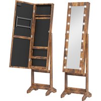 HOMCOM Free Standing Mirror Jewelry Cabinet with LED Lights, Jewellery Organiser with 3 Angle Adjustable, Full-Length Mirror with Storage for Earrings, Necklaces, Rings and Lipsticks, Rustic Brown