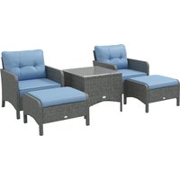 5 Pieces PE Rattan Garden Furniture Set Wicker Outdoor Sofa Set w 2 Armchairs 2 Stools Glass Top Table Cushions