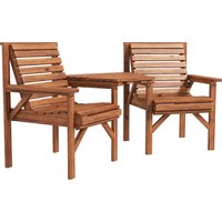 Wooden Garden Love Seat w Coffee Table Umbrella Hole Tan Brown