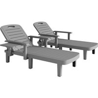 Set 2 Resin Reclining Sun Loungers Garden 5 Positions Adjustable Outdoor Chaise Lounge Chairs Wood Texture Surface Armrests Foldable Side Table Garden Beach Dark Grey