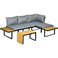 4 Seater Garden Sofa Set Patio Conversation Set w Padded Cushions Wood Grain Plastic Top Table Side Panel Dark Grey