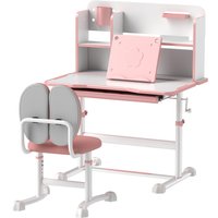 AIYAPLAY AIYAPLAY Set Schreibtisch und Stuhl für Kinder 3-12 Jahre Höhenverstellbar, Schulbank mit 45° Neigbarem Tisch, Schublade, Bücherregal, Stifthalter und Buchstütze, aus Stahl und MDF, Rosa Aosom