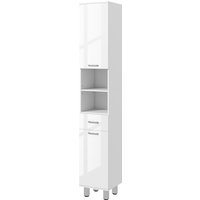 Kleankin Hochschrank Badezimmer, Säulentür mit verstellbaren Regalen, offene Fächer, schmaler großer Schrank für WC, kleine Räume, 30x30x180cm, Glänzendes Weiß Aosom