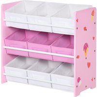 ZONEKIZ Mobilet Portagiochi avec 9 Paniers Amovibles en Bois et Tissu, 63x30x60 cm, Rose et Blanc