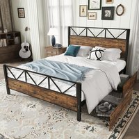 Minimalist Metal Double Bed 2 Drawers Sturdy Iron MDF Frame Storage Bed x 137W x 116H cm Black+wood Aosom