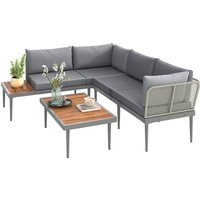 Outsunny Salon de jardin extérieur 4 places modulable en bois d'acacia, canapé d'angle extérieur avec table basse et coussins