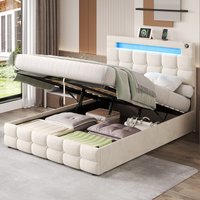 LED Double Upholstered Bed Frame Charging Station & Adjustable Headboard Velvet Hydraulic Storage Bed Bedroom x 142W x 108H cm Aosom UK