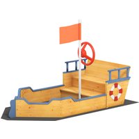 Outsunny Bac à sable forme de bateau pirate boîte à sable pour enfant gouvernail drapeau rouge 2 marches et espace de rangement