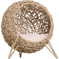 PawHut Hooded Rattan Wicker Elevated Cat House Kitten Pussy Basket Ball Shaped Bed Pet Furniture with Removable Cushion Natural