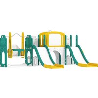 AIYAPLAY Ensemble toboggan et balançoire 9-en-1 pour tout-petits, avec panier de basket, télescope, planche à dessin, motif de grenouille, Jaune+Vert