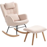 HOMCOM Fauteuil à Bascule avec Repose-Pieds, Revêtement en Peluche Douce, Pieds en Bois, Coussin, Dossier Haut, Fauteuil à Bascule, Beige
