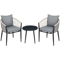 Outsunny Salon de jardin 2 personnes 3 pièces 2 fauteuils avec coussins table basse ronde plateau verre trempé corde tressée gris Aosom France