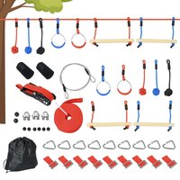 Outsunny Parcours d'obstacles ninja pour enfants 30 accessoires et sac de transport 10 m de slackline bleu noir rouge Aosom France