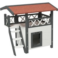 PawHut Cat House Outdoor w/ Balcony Stairs Roof, 77 x 50 x 73 cm, White