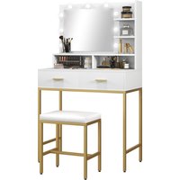HOMCOM Mobile Coiffeuse avec Miroir, 2 Tiroirs, 5 Étagères et Tabouret, en MDF et Panneau de Particules, 80x40x138 cm, Blanc