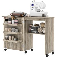 HOMCOM Table de couture pliante meuble couture à abattant avec bacs de rangement, étagère ouverte et roulettes effet bois grisé