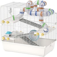 PawHut Cage pour Hamsters à 4 Niveaux avec Tubes, Roue, 3 Portes et Plateau, en Métal, PP et PS, 78x45x73 cm, Blanc