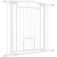 PawHut Porte pour Animaux, Barrière d'Escalier de 96 cm, Largeur Ajustable de 76-104 cm, avec Porte pour Chat, pour Escaliers et Ouvertures de Porte, Blanc