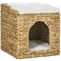 PawHut Niche pour chat maison pour chat 2 niveaux avec 2 coussins en jacinthe d'eau - 37,5 x 37,5 x 41,5 cm marron crème Aosom France