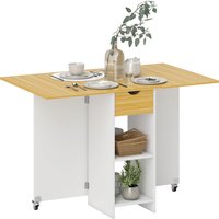 HOMCOM Table de Salle à Manger Pliante pour 2-4 Personnes avec 2 Rallonges, Tiroir et Étagères, Chêne