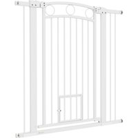 PawHut Barrière de Sécurité pour Animaux de 106 cm de hauteur avec largeur ajustable, porte pour chat intégrée, pour escaliers et encadrements de porte, Blanc