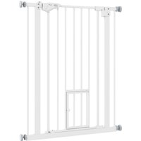PawHut Barrière de Porte avec Chatière, Installation sans Perçage, largeur variable 74-80 cm, montage à une main, métal, blanc