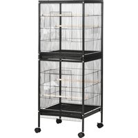 PawHut Cage Volière pour Oiseaux pour Intérieur avec Roulettes et Plateaux Amovibles, 51.5x50x140 cm, Noir