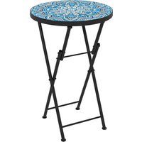 Outsunny Table de jardin en mosaïque, Table de terrasse ronde pliable avec cadre en métal et plateau en céramique, Motif mosaïque, Bleu