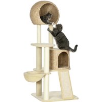PawHut Arbre à chats griffoir sisal naturel 2 niches plateforme hamac peluche jacinthe d'eau - dim. 60L x 60l x 150H cm