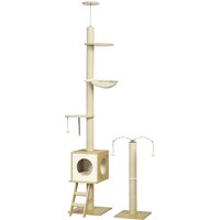 PawHut Arbre à chat sol au plafond hauteur réglable 225-285 cm avec poteau à gratter 4 niveaux niche hamac échelle jeux beige Aosom France