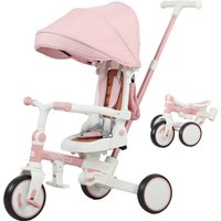 AIYAPLAY Tricycle pour Enfants 5 en 1 avec Barre de Pousée et Capote Amovible, 96,5x49x101 cm, Rose