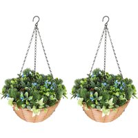 HOMCOM Artificial Flowers in Basket Set of 2, Artificial Hanging Baskets with PE Leaves, 18 Flowers and 3 Pinecones in Pot, Decorative Faux Plant for Home Office Decor, Green