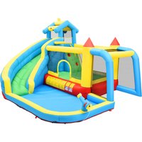 Château gonflable pour enfants 5 en 1, Château gonflable avec toboggan, zone de saut, piscine d'eau et filet de football, 364x315x239 cm, Bleu