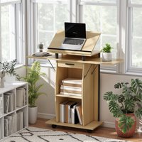 HOMCOM Podium de conférence roulant, pupitre avec panneaux latéraux pliants, bureau pour ordinateur portable avec tiroir et étagères, aspect chêne
