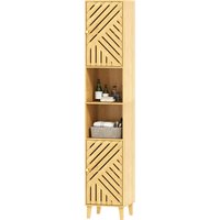 HOMCOM Armoire salle de bain, meuble de rangement colonne, portes en bambou, étagères réglables, 32x30x170cm, bois naturel