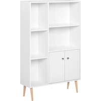 HOMCOM Bibliothèque scandinave dim. 80L x 23,5l x 123H cm 5 niches Placard 2 Portes Pieds effilés inclinés Bois Massif Panneaux Particules Blanc