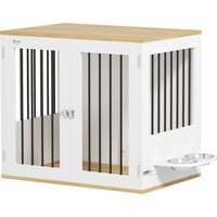 PawHut Gabbia per cani, tavolino, ciotole rimovibili girevoli a 360°, 2 porte per cani di taglia media 80x55x71,5cm bianco Aosom Italy