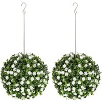 HOMCOM Set of 2 Decorative Artificial Plants, UV-protected Artificial Plant Topiary Rose Balls, Fake Plants for Home Indoor outdoor Decor, 28cm, White