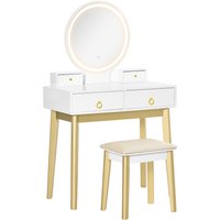 HOMCOM Dressing Table Set with Mirror, Built-in 3 Color LED Light, Vanity Makeup Table with 4 Drawers and Cushioned Stool for Bedroom, White